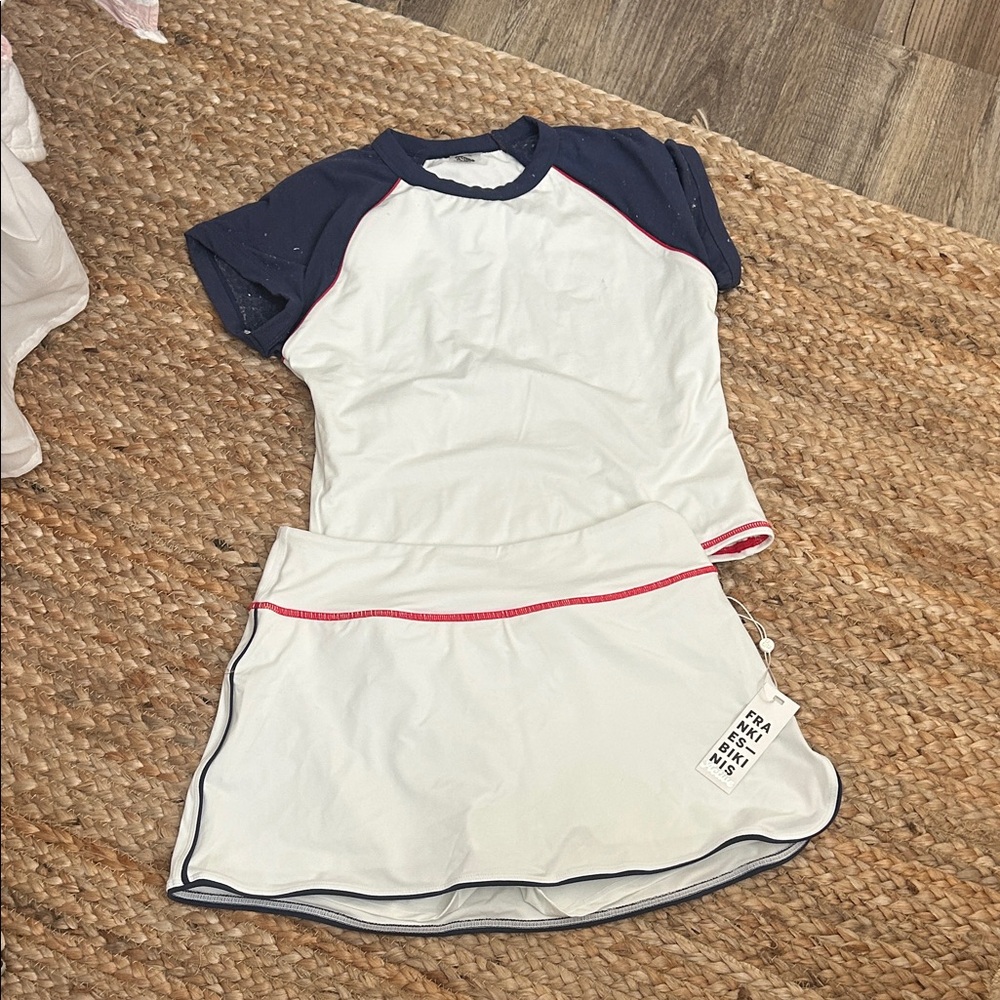 Frankie's Bikinis White and Navy Skirt Set